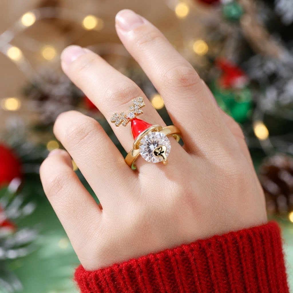 Festive Christmas Antler Statement Ring with Zirconia & Red Enamel